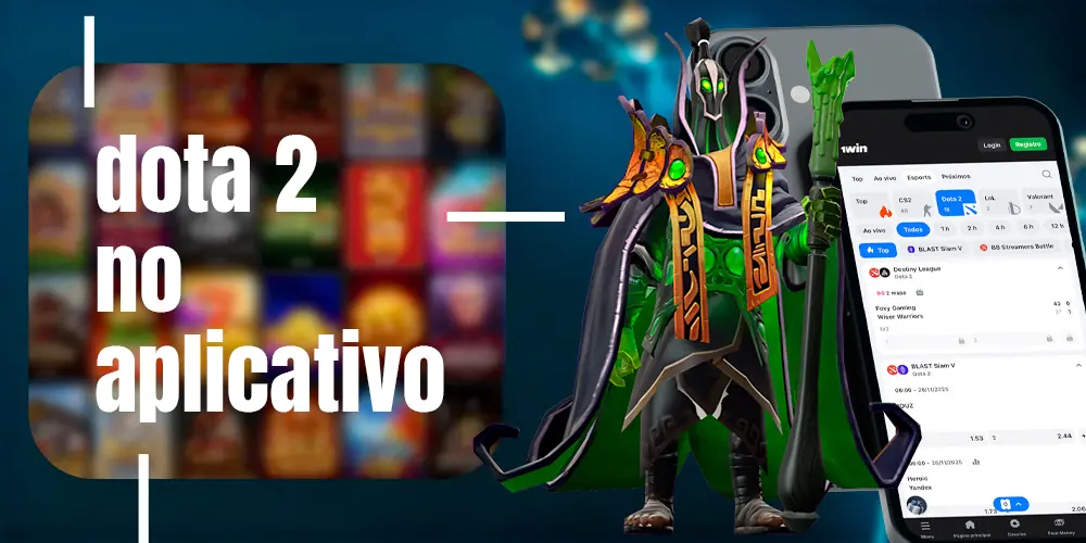Tela do app 1win em smartphone mostrando apostas e odds de Dota 2